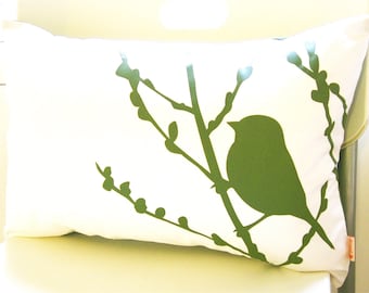 Olive Green Bird Pillow: Silkscreened Cherry Blossom Branch