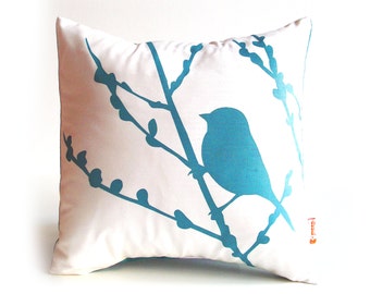 Teal Print on White Cotton Bird on Cherry Blossom Mini 10.5 Inches Square Pillow