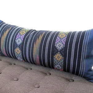 Prussian Blue Water Flow Pattern Hand Woven Textile Lumbar Pillow 12 x 30 Tapestry Weaving Boho Pillow. image 9