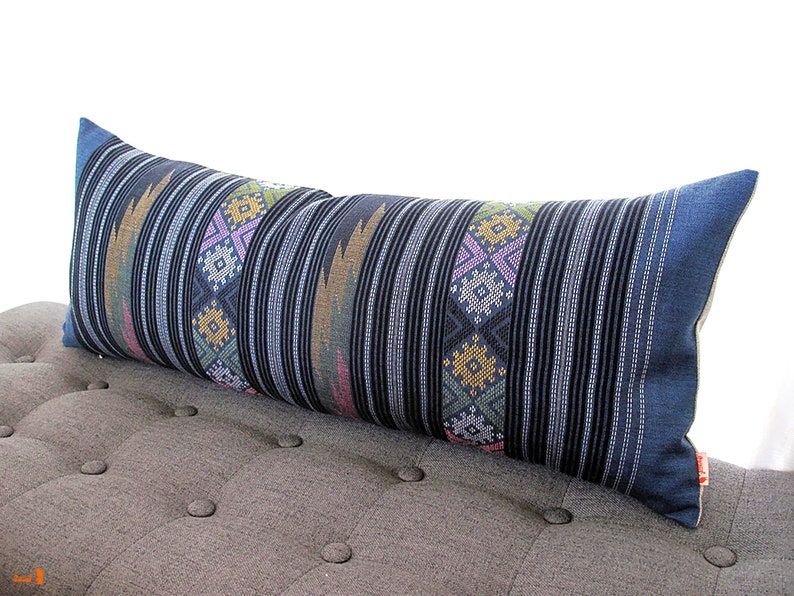 Prussian Blue Water Flow Pattern Hand Woven Textile Lumbar Pillow 12 x 30 Tapestry Weaving Boho Pillow. image 9