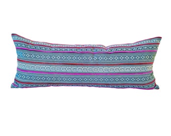 Cuscino lombare ricamato Hmong: cuscino decorativo in lino boho (30 x 76 cm)