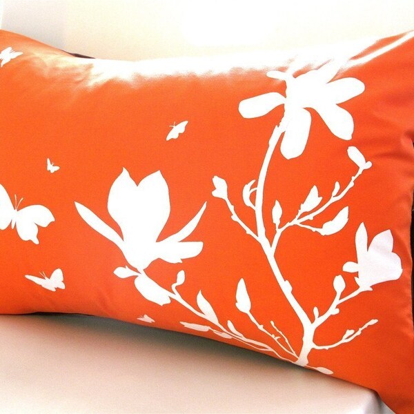 Orange Magnolia and Butterfies Rectangle Pillow