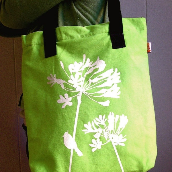 SALE Lemon Green Cardinal on Agapanthus Shoulder Tote Bag