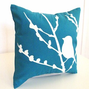 Teal Bird on Cherry Blossom Mini 10.5 Inches Square Pillow image 3