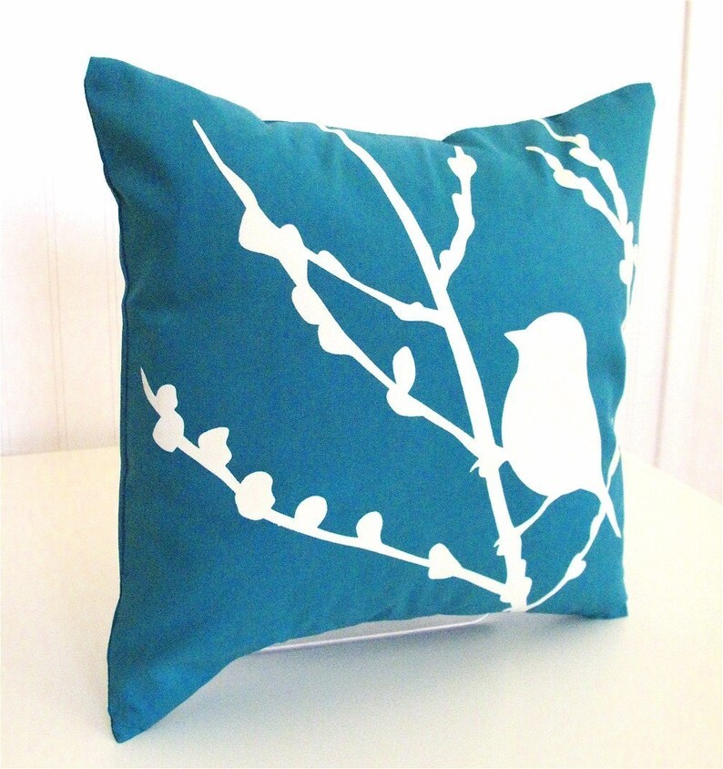 Teal Bird on Cherry Blossom Mini 10.5 Inches Square Pillow image 3