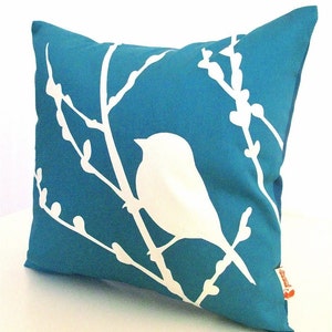 Teal Bird on Cherry Blossom Mini 10.5 Inches Square Pillow image 2