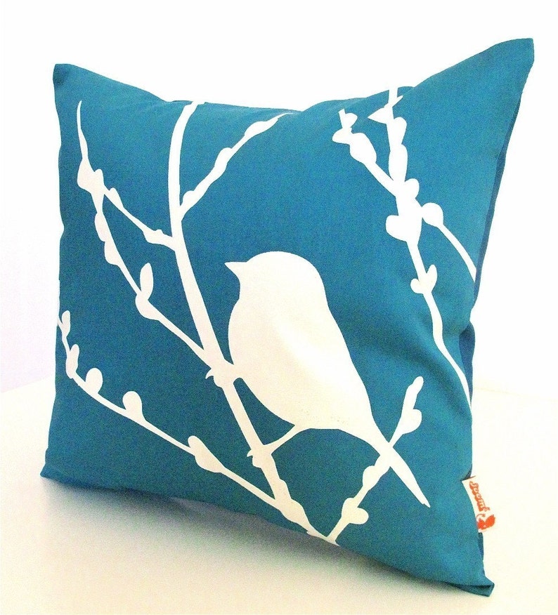 Teal Bird on Cherry Blossom Mini 10.5 Inches Square Pillow image 2