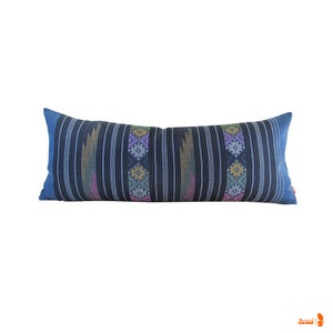 Prussian Blue Water Flow Pattern Hand Woven Textile Lumbar Pillow 12 x 30 Tapestry Weaving Boho Pillow. image 1