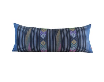 Prussian Blue Water Flow Pattern Hand Woven Textile Lumbar Pillow - 12" x 30" Tapestry Weaving Boho Pillow.