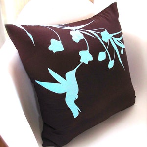 Limited Time Sale Robins Egg Blue Print on Brown Silk Hummingbird with Eucalyptus 16 inches Square Pillow READY TO SHIP image 5