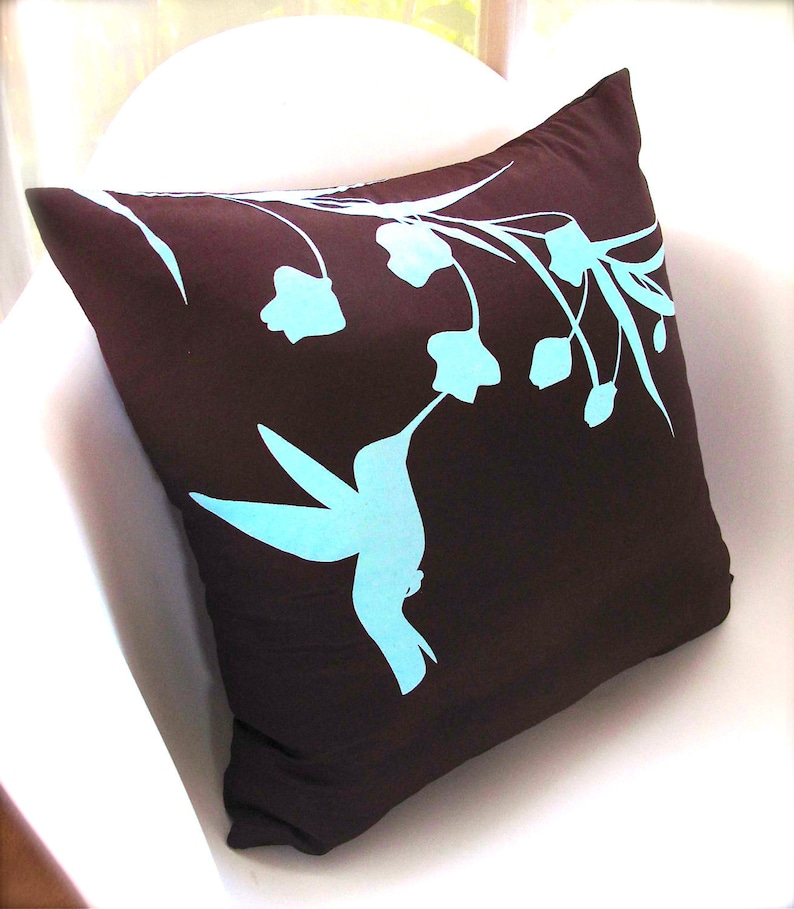 Limited Time Sale Robins Egg Blue Print on Brown Silk Hummingbird with Eucalyptus 16 inches Square Pillow READY TO SHIP image 5