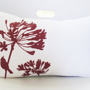 SALE Burgundy Red Print on Off White Cardinal on Agapanthus Rectangle Pillow Ready to ship image 2