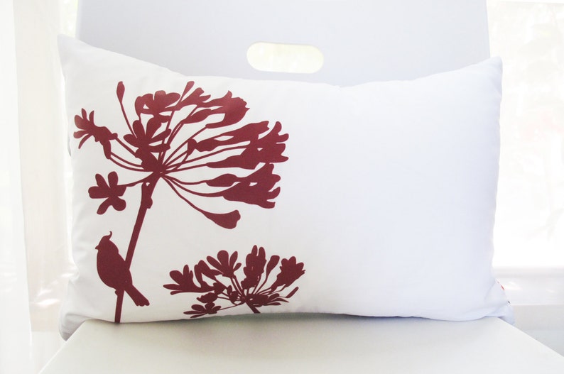 SALE Burgundy Red Print on Off White Cardinal on Agapanthus Rectangle Pillow Ready to ship image 2