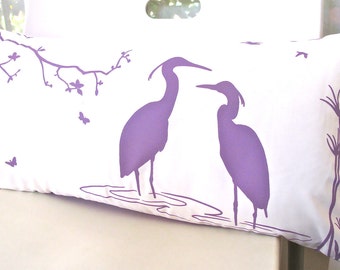 SALE - Plum Purple Print on Off White Egret Lovers in the Swamp Rectangle Pillow