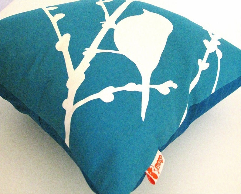 Teal Bird on Cherry Blossom Mini 10.5 Inches Square Pillow image 4