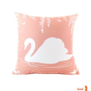 Bird Throw Pillow - Modern Decor - White and Pastel Light Coral Pink Swan in the Swamp 18 inches Square Linen Pillow Cover