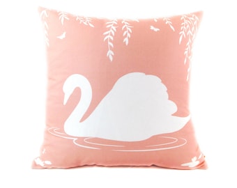 Swan Throw Pillow: Coral Pink Linen Blend, Modern Decor (18 inch)