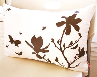 Brown Print on Off White Cotton Magnolia and Butterfies Rectangle Pillow