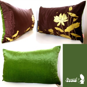 Limited Time Sale Lotus Pond Pillow with Olive Green Velvet Backing image 3