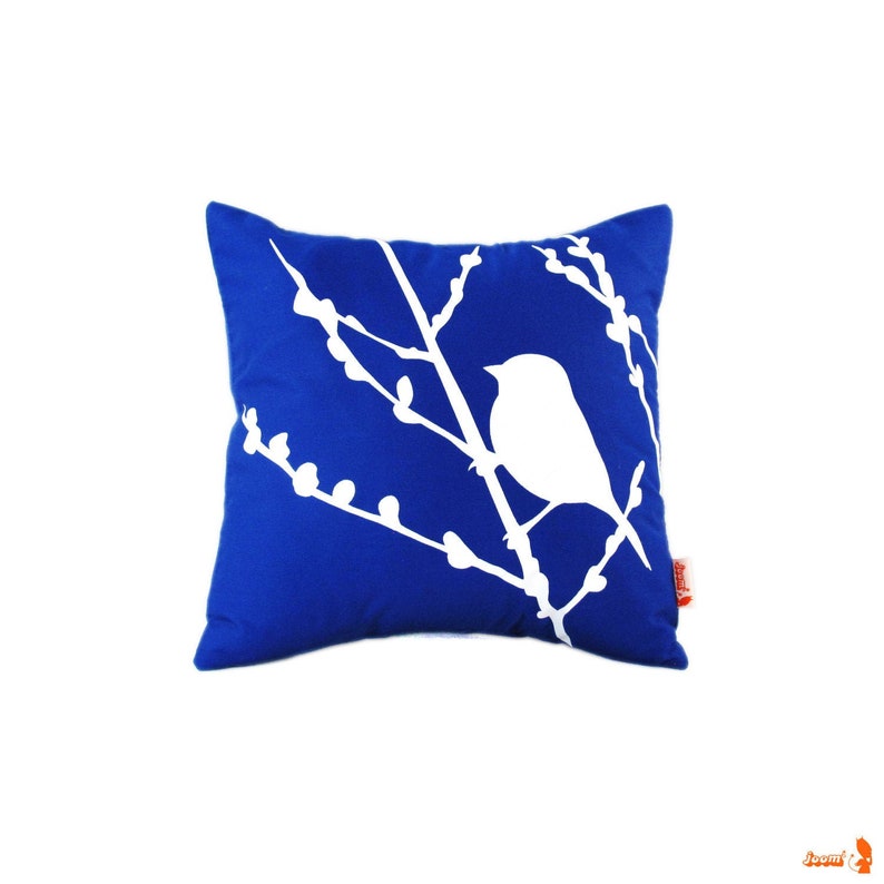 Cobalt Blue Bird on Cherry Blossom Mini 10.5 Inches Square Pillow image 1
