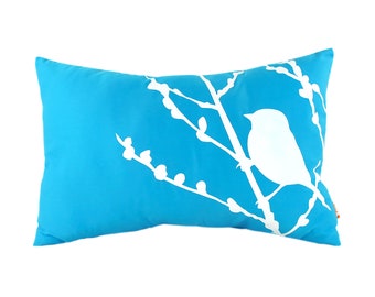 Sky Blue Bird on Cherry Blossom Pillow