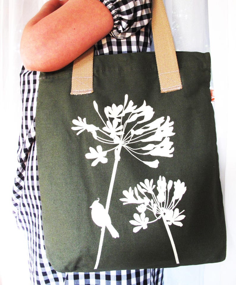 SALE Army Green Cardinal on Agapanthus Shoulder Tote Bag image 2