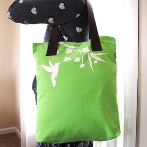 Lemon Green Hummingbird Tote Bag: Eucalyptus Print Canvas Shoulder Bag