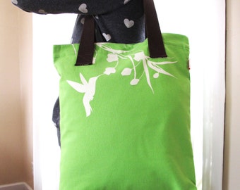 Lemon Green Hummingbird Tote Bag: Eucalyptus Print Canvas Shoulder Bag