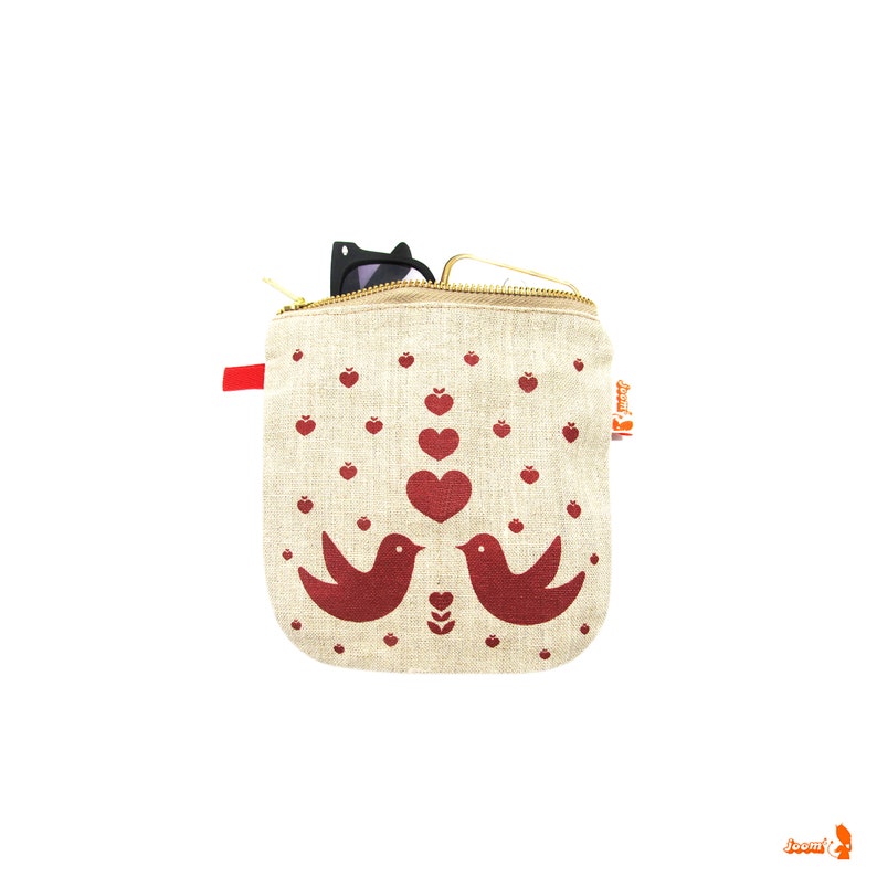 Lovebirds Linen Zipper Pouch Red