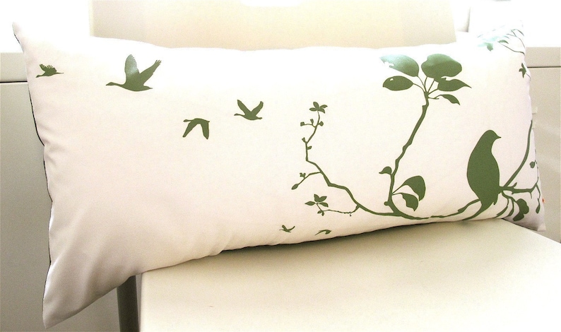 Olive green Print on Off white Flying By Rectangle Pillow image 3