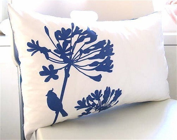 Cobalt Blue Cardinal Pillow: Silkscreened Floral Print, 12" x 18"