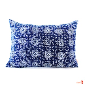 Blue Batik Indigo Hmong Textile Linen Rectangle Pillow Boho Linen Decorative Pillow image 1