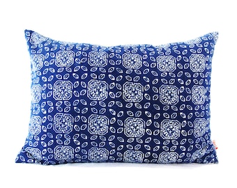 Blue Batik Indigo Hmong Textile Linen Rectangle Pillow - Boho Linen Decorative Pillow