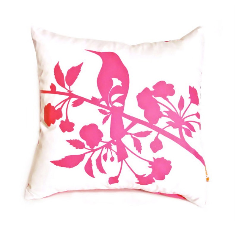 Hot Pink Print on Off white Blooming Blossom-Mini 10.5 Inches Square Pillow image 1