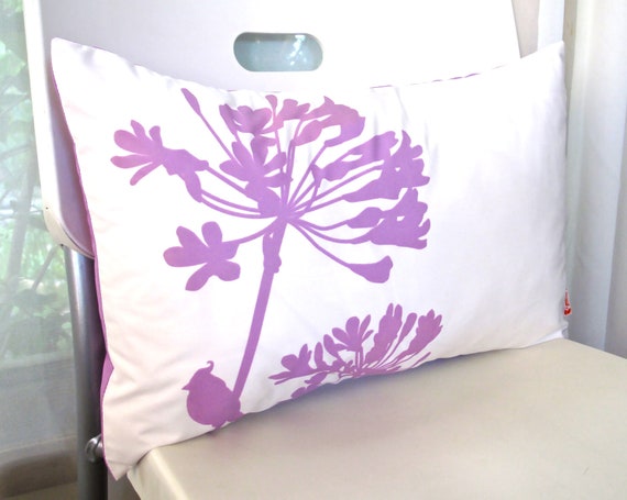 Lavender Print on Off White Cotton Cardinal on Agapanthus Rectangle Pillow