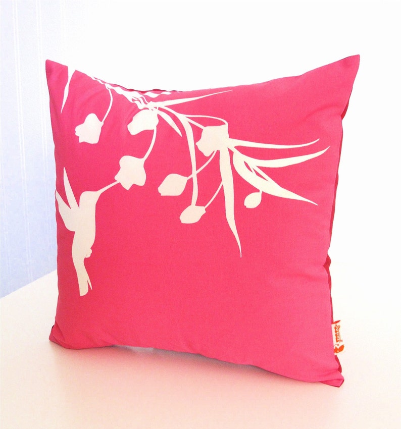 Hot Pink Hummingbird with Eucalyptus Mini 10.5 Inches Square Pillow image 2