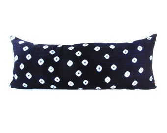 Shibori Indigo Blue Vintage African Mud Cloth Long Lumbar Pillow - Boho Linen Decorative Pillow