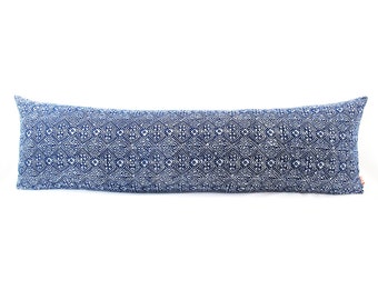 Hmong Indigo Hand Block Batik Textile Flower Pattern Long Lumbar Zipper Pillow - 11" x 36" Long Lumbar Pillow - Down Filler Included