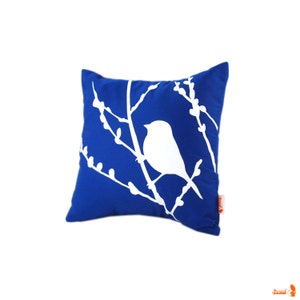 Cobalt Blue Bird on Cherry Blossom Mini 10.5 Inches Square Pillow image 3