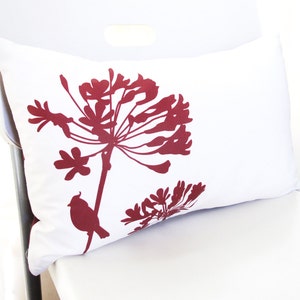 SALE Burgundy Red Print on Off White Cardinal on Agapanthus Rectangle Pillow Ready to ship image 1