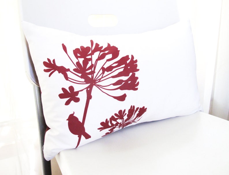 SALE Burgundy Red Print on Off White Cardinal on Agapanthus Rectangle Pillow Ready to ship image 1