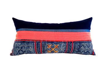 Vintage Hmong Lumbar Pillow: Red Striped Colorblock Linen, Boho Decorative Pillow