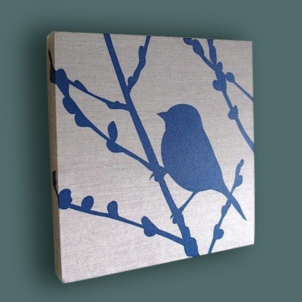 Navy Blue Print on Grey Silk Bird on Cherry Blossom Wall Art