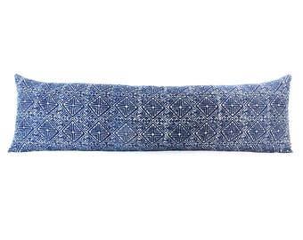 Hmong Indigo Hand Block Batik Textile Long Lumbar Zipper Pillow - Bohemian Lumbar Pillow