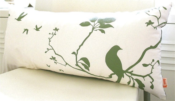 Olive green Print on Off white Flying By Rectangle Pillow