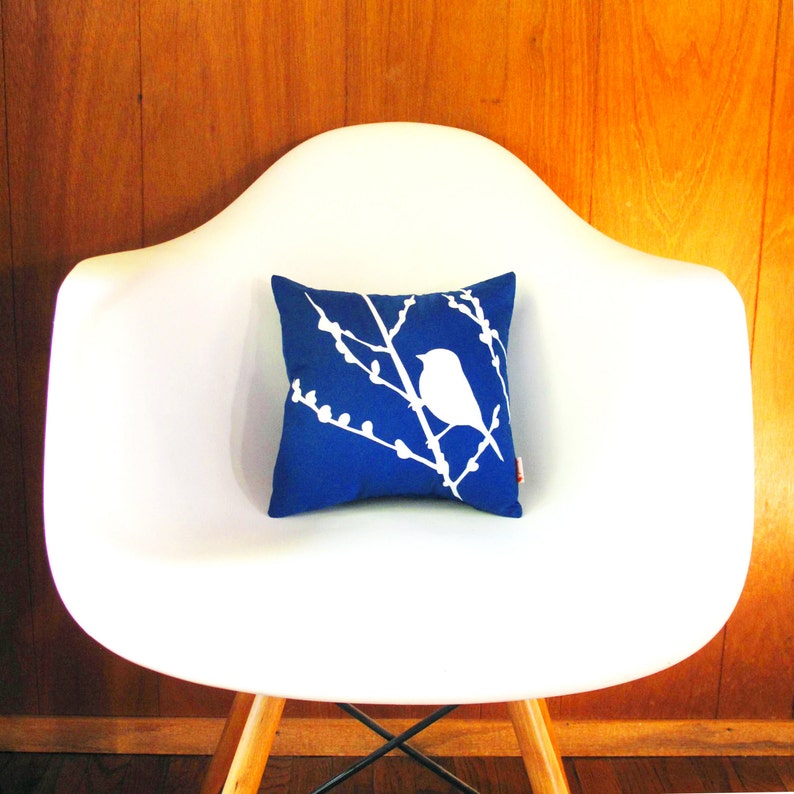 Cobalt Blue Bird on Cherry Blossom Mini 10.5 Inches Square Pillow image 5
