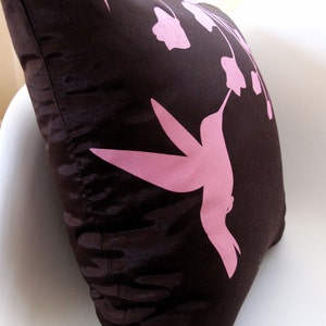 Limited Time Sale Rose Pink Print on Brown Silk Hummingbird with Eucalyptus 16 inches Square Pillow READY TO SHIP image 3