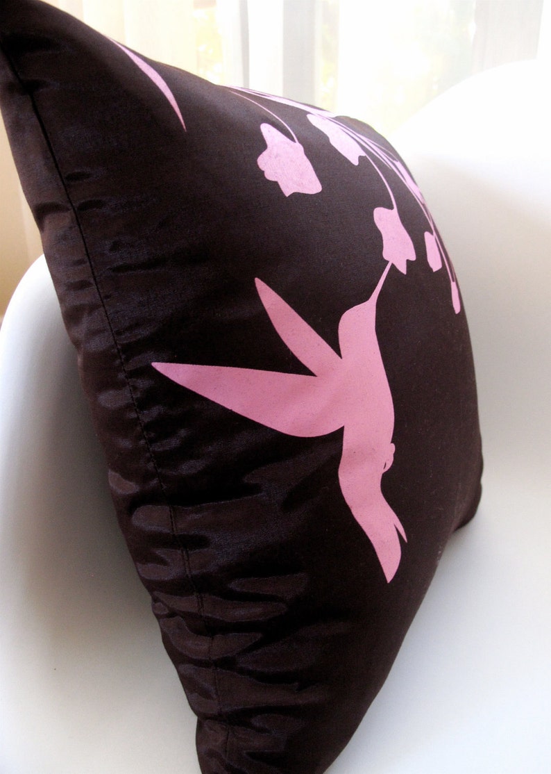 Limited Time Sale Rose Pink Print on Brown Silk Hummingbird with Eucalyptus 16 inches Square Pillow READY TO SHIP image 3