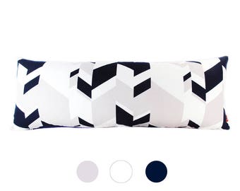 Modern Geometric  Pattern Navy Blue, Light Pink and White Cotton Duck Fabric Rectangle Pillow