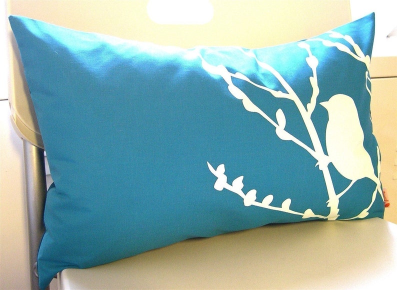 Teal Bird on Cherry Blossom Pillow image 3